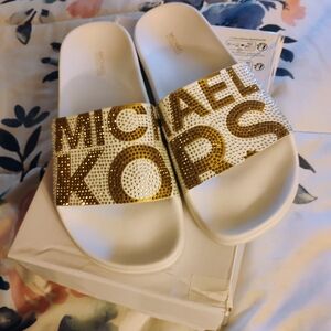 Michael Kors White and Gold Slide Sandals